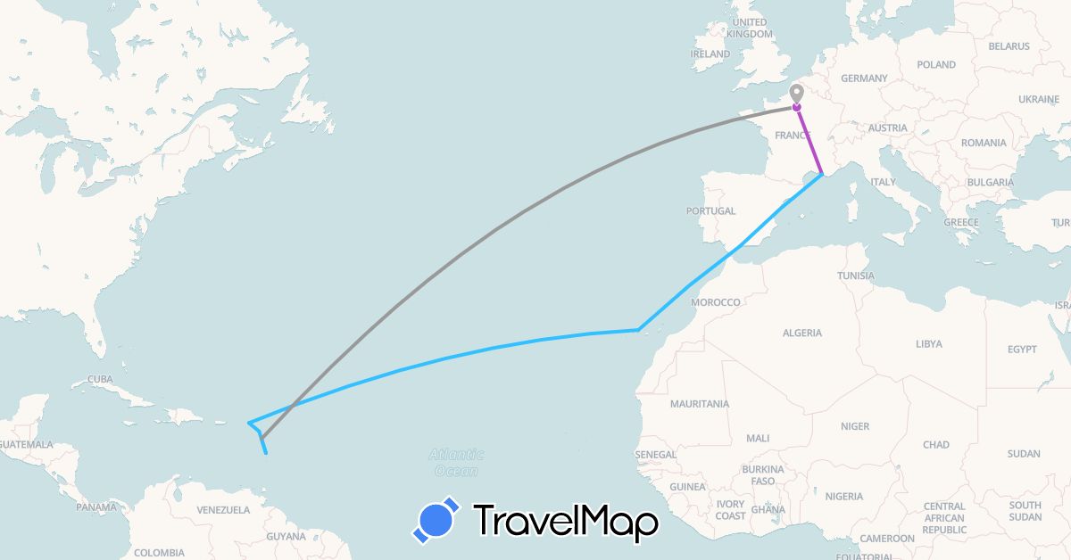 TravelMap itinerary: driving, plane, train, boat in Antigua and Barbuda, Spain, France, Guadeloupe, Saint Martin, Martinique (Europe, North America)